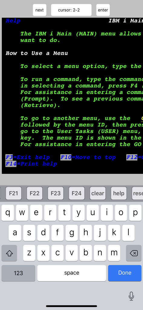 Visualizzazione mobile di un menu di aiuto mainframe IBM iSeries con una tastiera di tasti funzione specializzata