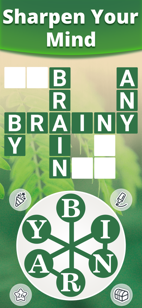 Vita Kreuzworträtsel-Gameplay-Bildschirm mit einem Worträtselgitter und einem Buchstabenrad mit einem grünen Natur-Hintergrund