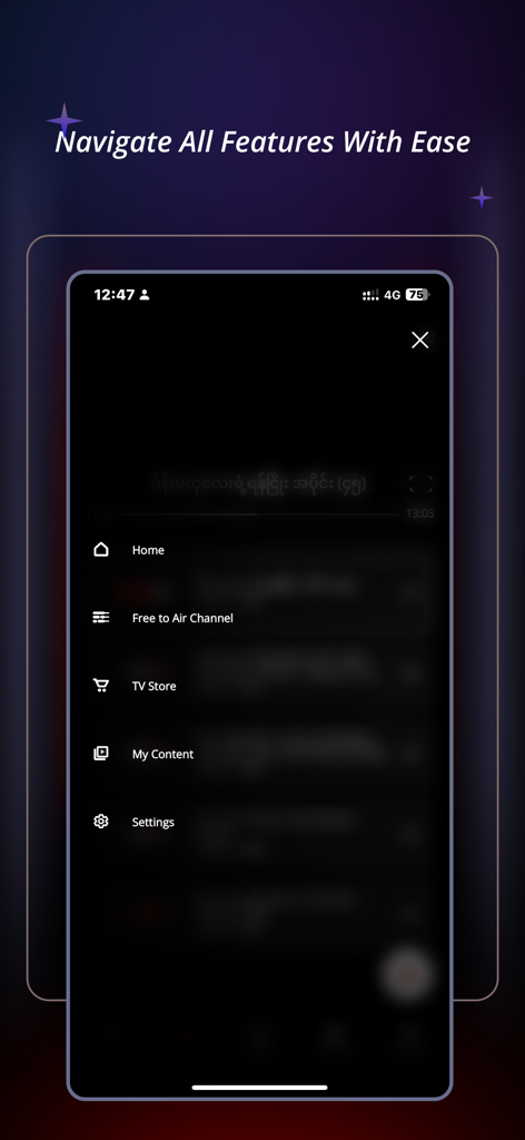 SKYNET Myanmar - SKYNET Myanmar app navigation menu showing home, channels, TV store, content, and settings