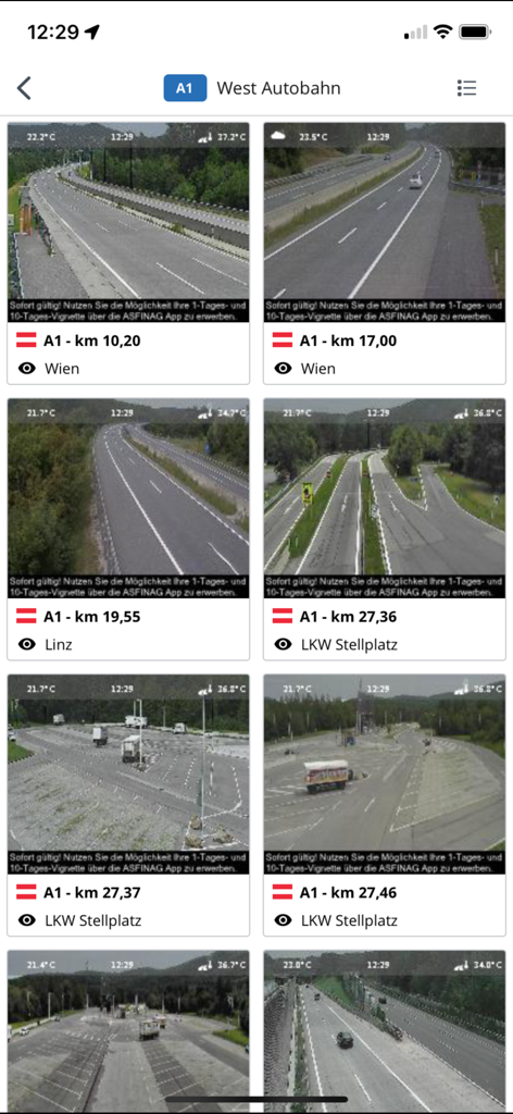 ASFINAG - A grid of live traffic camera feeds from the West Autobahn A1 in Austria shown on the ASFINAG mobile app