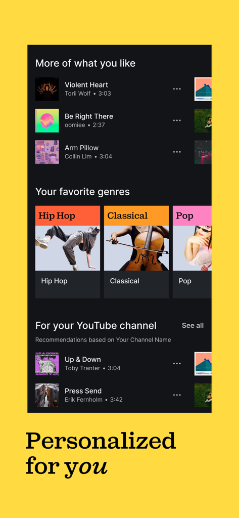 Epidemic Sound Music for Video - Screen showing personalized music recommendations and genre categories in the Epidemic Sound mobile app
