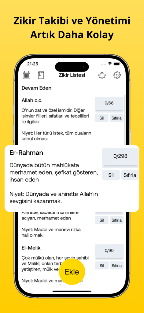 Zikirmatik - Tesbih sayaç - Smartphone screen showing the dhikr list in the Zikirmatik app with counters for specific prayers