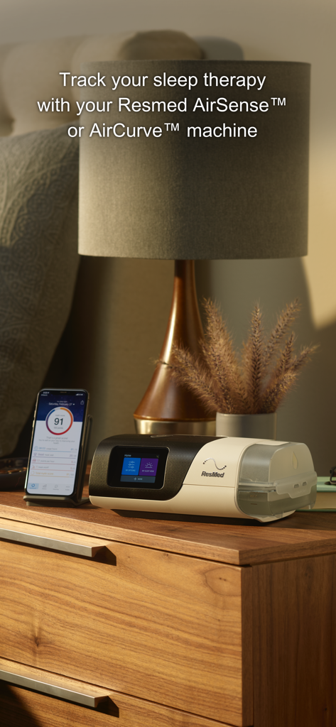 Smartphone displaying myAir sleep score next to a Resmed CPAP machine on a bedside table