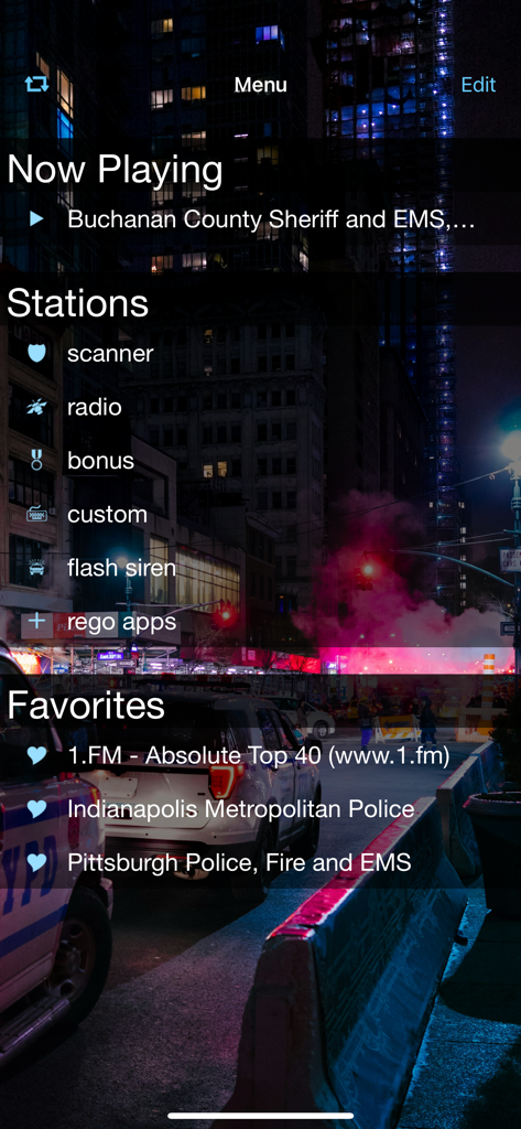 Interface of the Police Scanner app showing station categories and favorite police radio feeds
