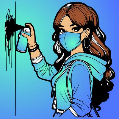 realistic girl with mask spray painting a wall
