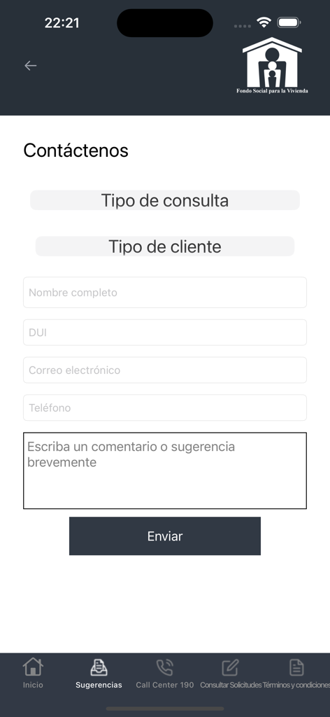 Kontaktformular in der FSV-App für Anfragen beim salvadorianischen Sozialfonds für Wohnungsbau