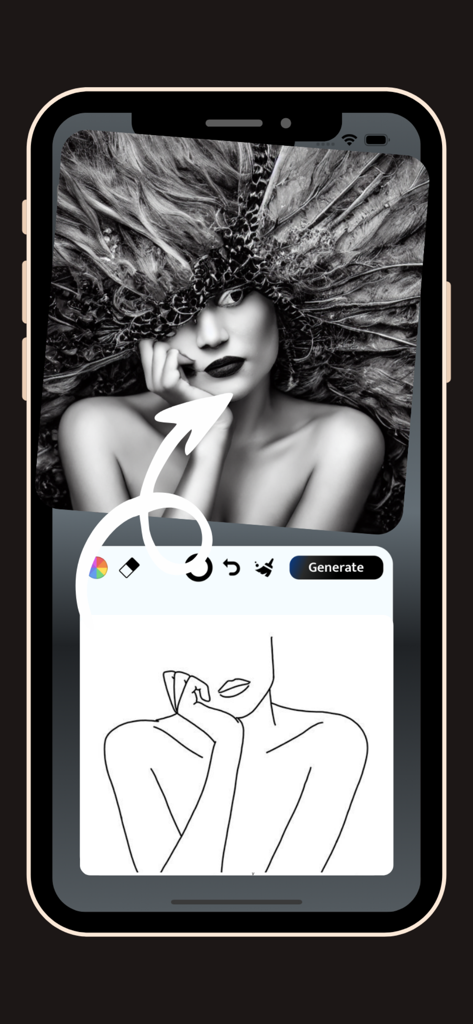AI Magic Live Sketch: Fast Art - A mobile app screen showing a line drawing of a woman turning into a detailed AI-generated portrait.