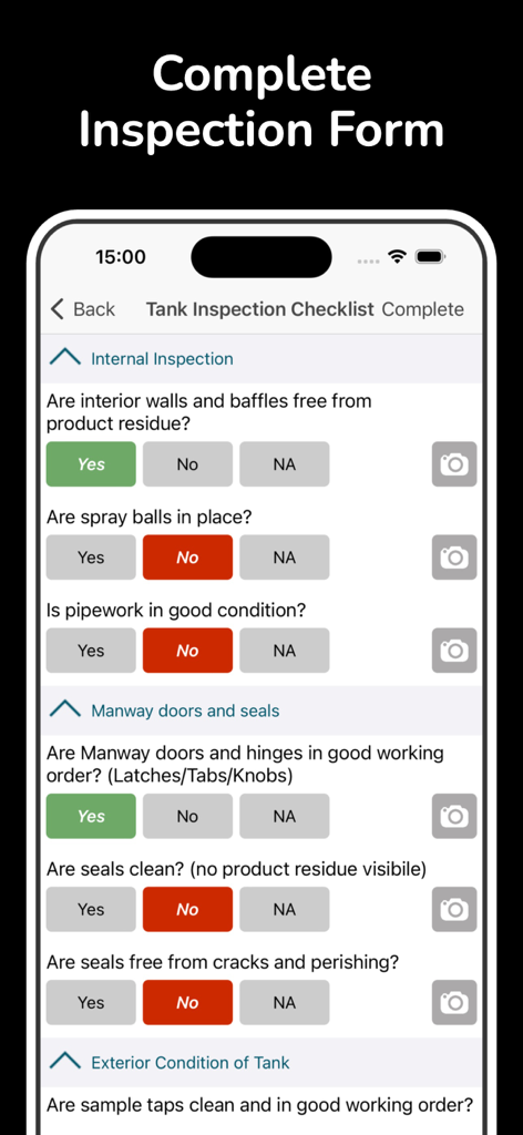 Inspection & Checklist - QAQC - Mobile interface showing a digital tank inspection checklist with yes no and NA response buttons