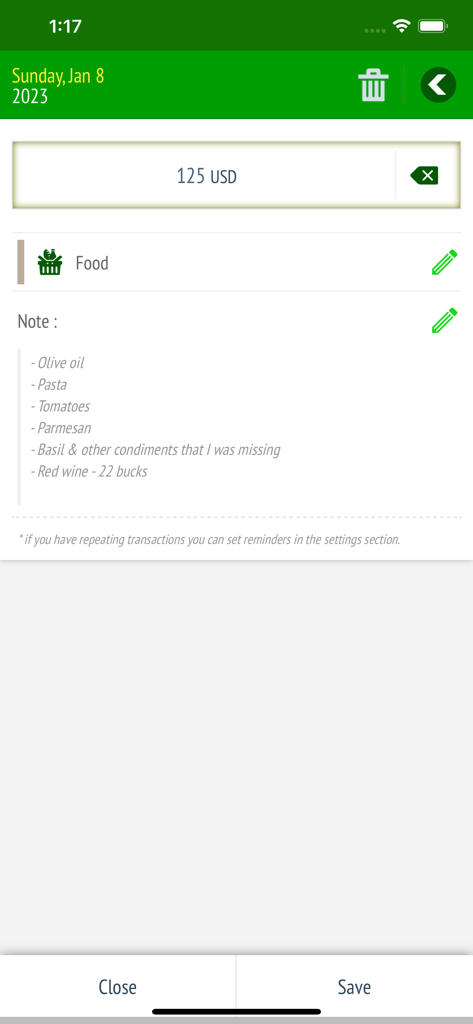 Pantalla de entrada de gastos manual para la categoría de comida con notas en la aplicación Expense Tracker