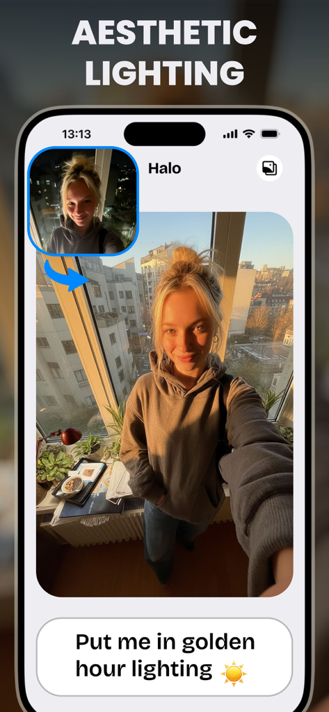 Halo: AI Photo Editor - Halo AI app interface demonstrating a photo transformation into aesthetic golden hour lighting.