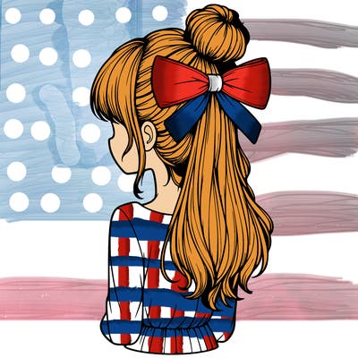 realistic girl  with hip length hair a bun and a big bow on the back of head