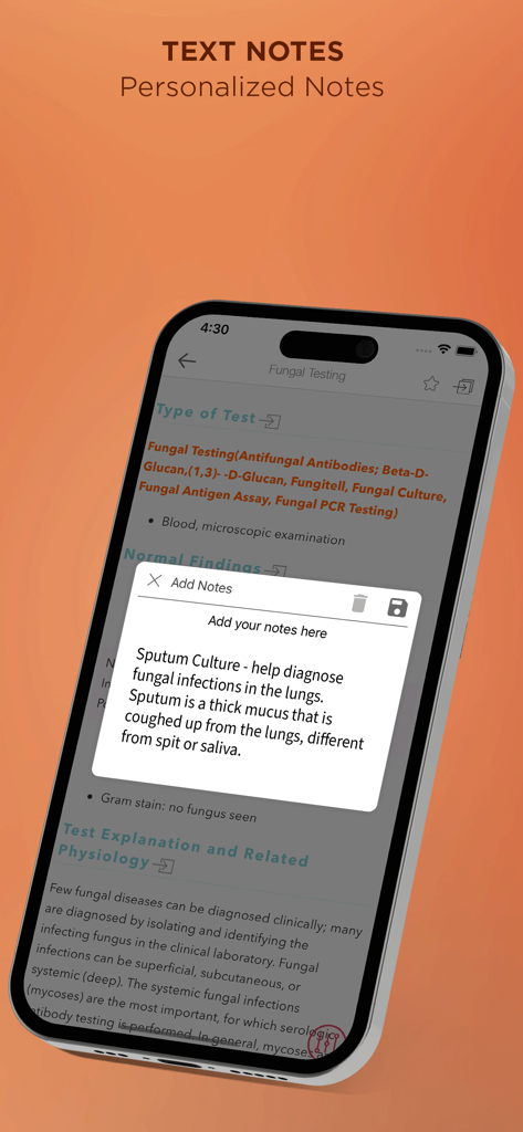 Mosby’s Diag and Lab Test Ref - Smartphone screen showing the personalized text notes feature in the Mosby medical app