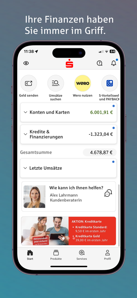 Sparkasse mobile banking app dashboard showing account balances and financial overview