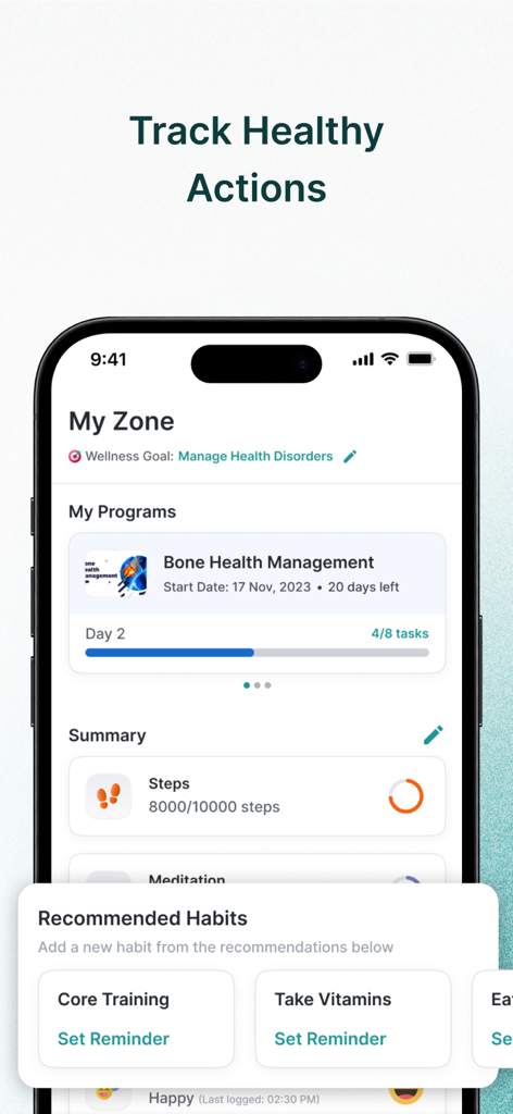 O painel da aplicação The Wellness Corner exibindo contagens diárias de passos, progresso no programa e hábitos de saúde recomendados.