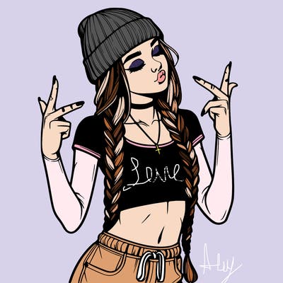 realistic teenage girl with braids and a beanie and crop top doing 🫶🏼