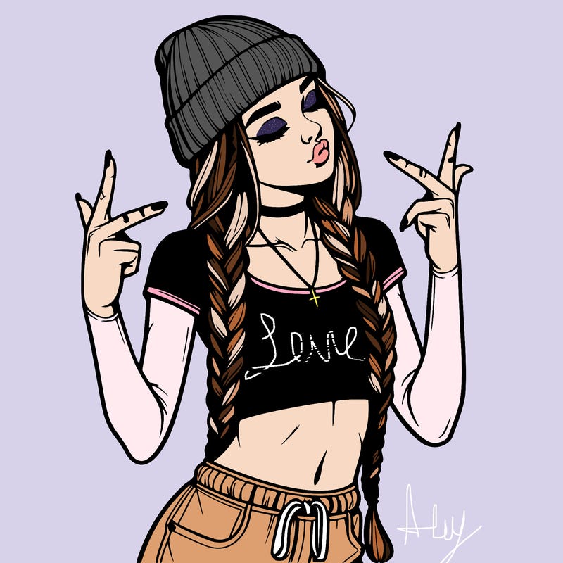 realistic teenage girl with braids and a beanie and crop top doing 🫶🏼