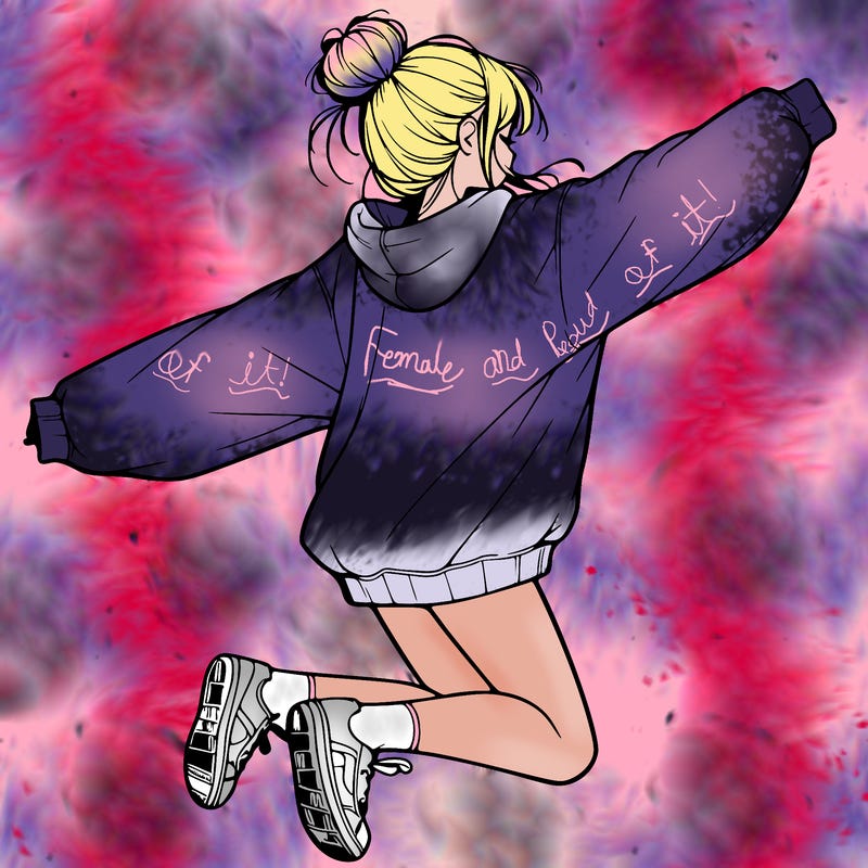 realistic girl jumping with a bun and oversized sweatshirt