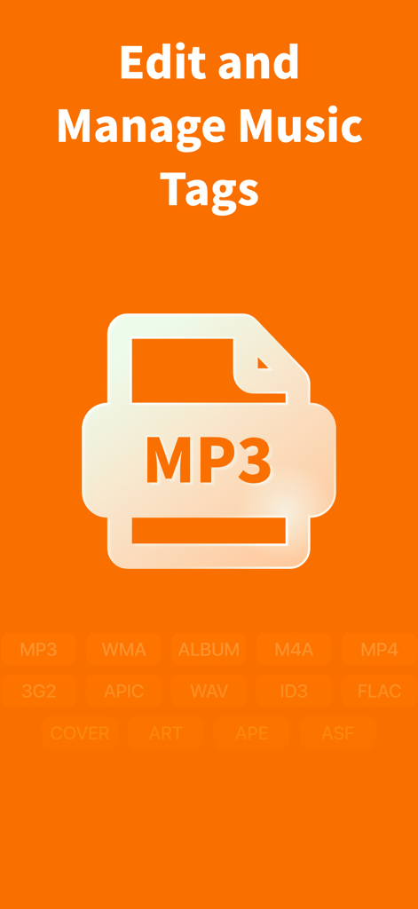 Mp3tag - Music Tag Editor - Eine orangefarbene Grafik mit einem MP3-Datei-Symbol und Text, der die Möglichkeit zur Bearbeitung und Verwaltung von Musik-Tags für verschiedene Audioformate beschreibt