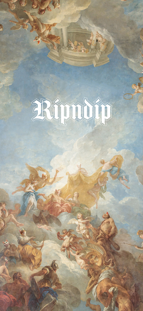 RIPNDIP - Renaissance style ceiling painting with Lord Nermal cat faces and Ripndip gothic text