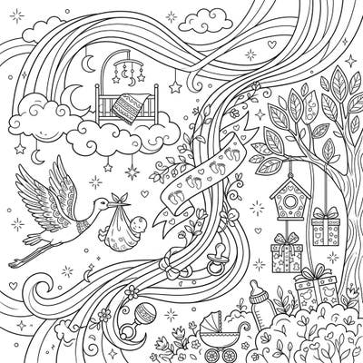 Welcome a bundle of joy with our enchanting Auroral Arcs Baby Shower coloring page! This unique design blends whimsical storks and nursery elements with magical celestial lights, offering a truly special way to celebrate a new arrival.