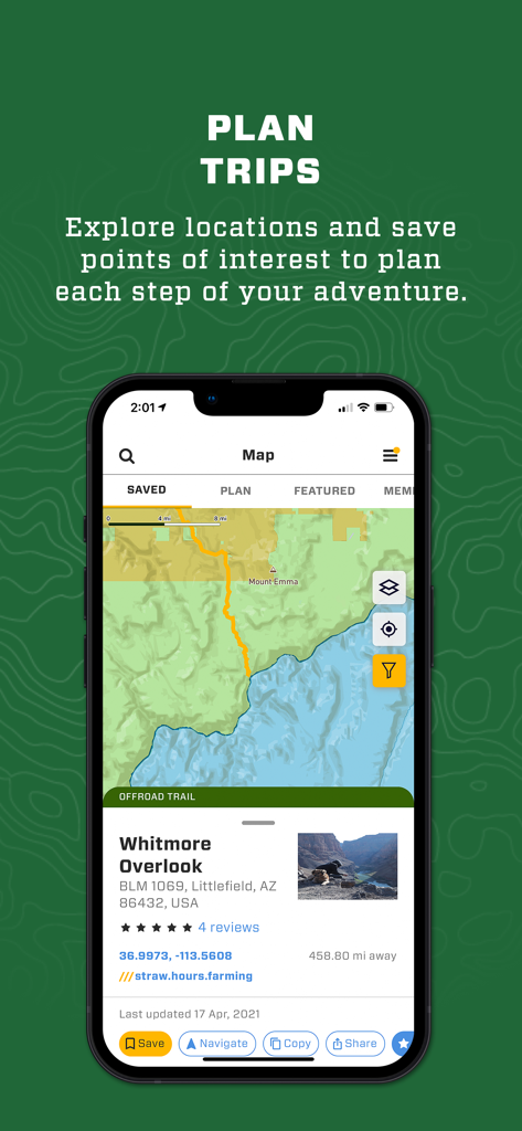 Overland Bound One: Maps & GPS - Overland Bound One app interface showing offroad trip planning and map details for Whitmore Overlook