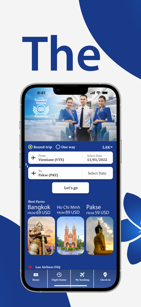 Lao Airlines - 라오항공 모바일 앱 홈 화면으로, 항공권 예약 인터페이스와 지역 목적지에 대한 최적 요금 정보를 보여줍니다.