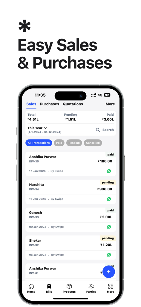 Swipe - Invoicing and Payments - Interfaz de la aplicación móvil que muestra una lista de transacciones de ventas con estados de pago completado y pendiente.
