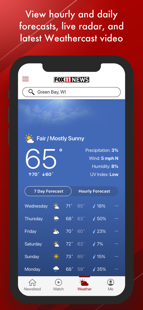 WLUK FOX 11 mobile app displaying the 7-day weather forecast for Green Bay Wisconsin