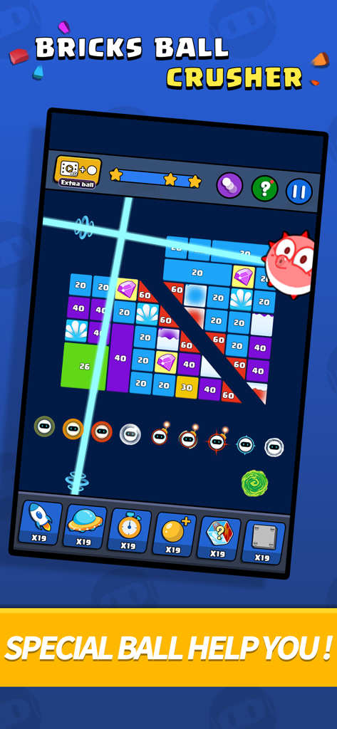Bricks Ball Crusher - Bricks Ball Crusher gameplay showing various skill balls and power-ups on a level with colorful bricks