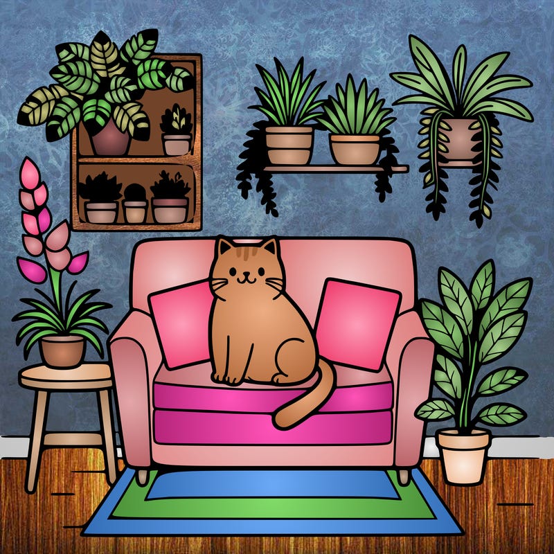 cat on a sofa in a room full of plants