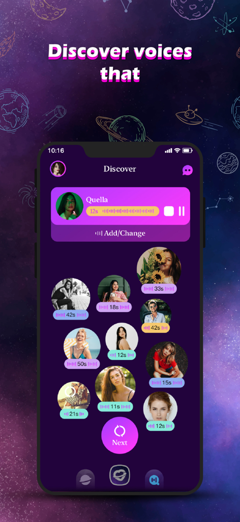 Adult Friend, AFF Finder Sweet - Mobile app interface showing a discovery screen with user profiles and voice recording clips for matching.