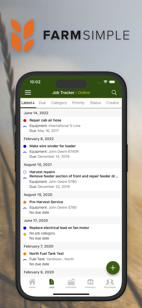 FarmSimple - FarmSimple app Job Tracker screen showing a list of farm maintenance tasks and equipment status on an iPhone
