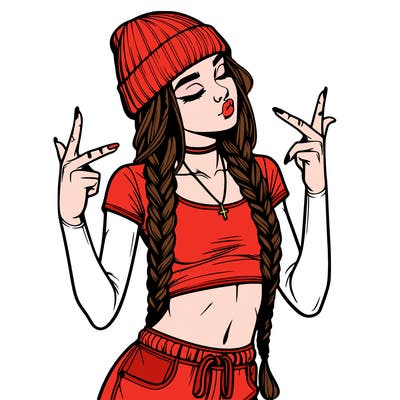 realistic teenage girl with braids and a beanie and crop top doing 🫶🏼