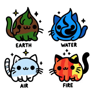 4 cats that represent the different elements, earth, water, air, and fire