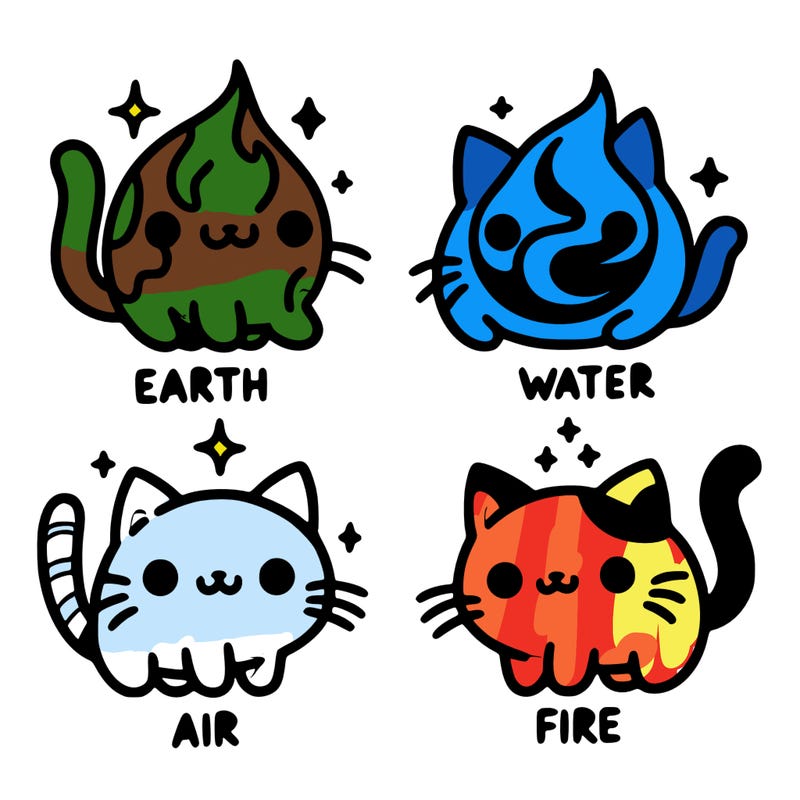 4 cats that represent the different elements, earth, water, air, and fire