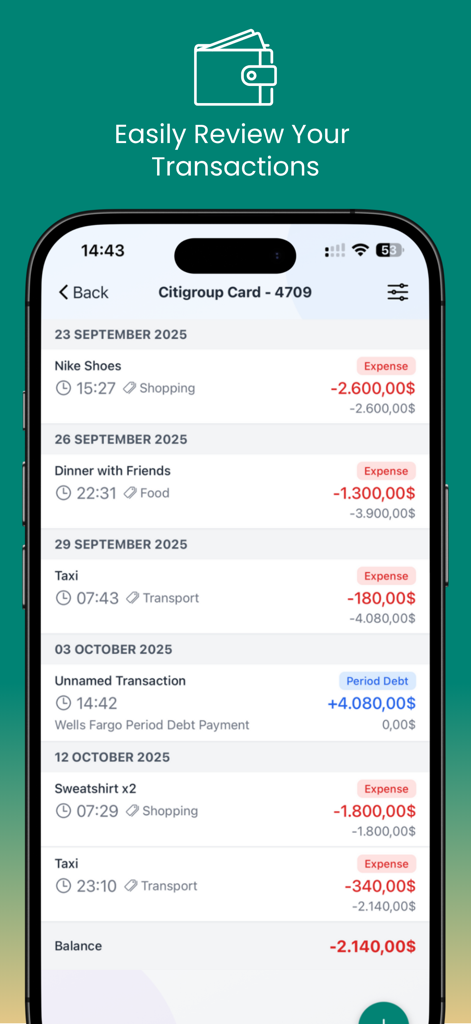 Budget and Money Manager - Eine Transaktionsliste in der Budget- und Geldmanager-App, die kategorisierte Ausgaben und Zahlungen anzeigt