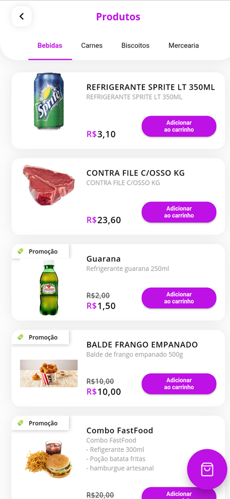 Biggi Delivery - Pantalla de la aplicación móvil Biggi Delivery mostrando una variedad de productos, incluyendo refrescos, carne y comida rápida con precios y botones para añadir al carrito.