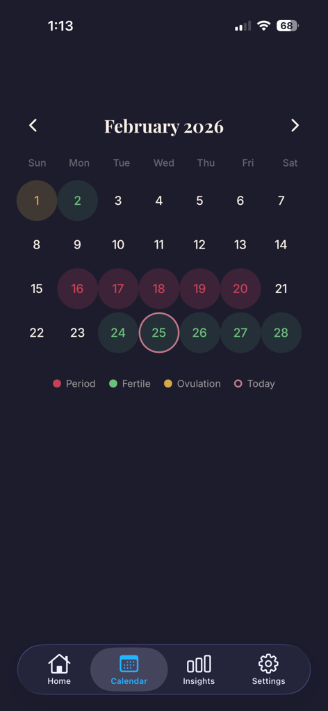 Bloom - Period & Pregnancy - Bloom App Kalenderansicht zeigt Tage der Periode, Fruchtbarkeit und Ovulations-Tracking mit einem dunklen ästhetischen Design