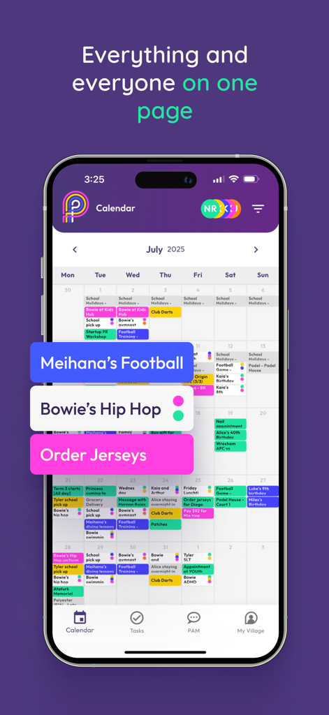 PAM: Smart Family Planner - A shared family calendar in the PAM app showing color-coded events and tasks on a single monthly view.