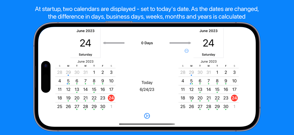 Time Jump - Date Calculator - Calendarios uno al lado del otro en la interfaz de la aplicación Time Jump para calcular la diferencia entre fechas.