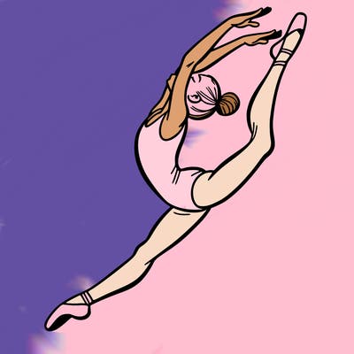 gymnast doing a leap in a leotard with a bent back leg