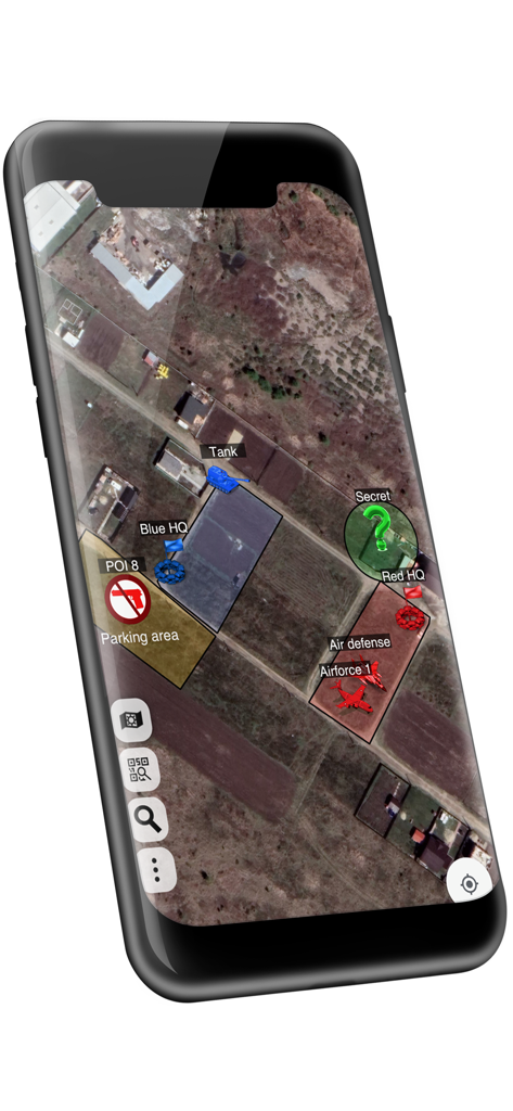 Tactical satellite map in Ares Alpha app with objective markers and vehicle icons