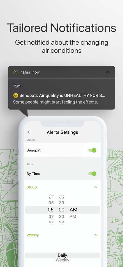 Una interfaz de aplicación móvil que muestra notificaciones personalizadas de calidad del aire y configuraciones de alerta personalizadas para ubicaciones específicas.