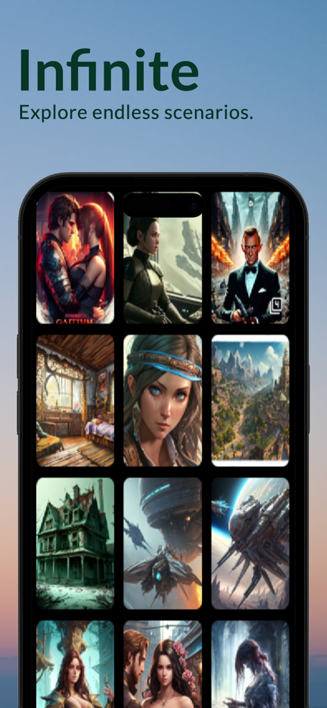 Uno schermo mobile che mostra una griglia di diversi generi di storie interattive e scenari di personaggi