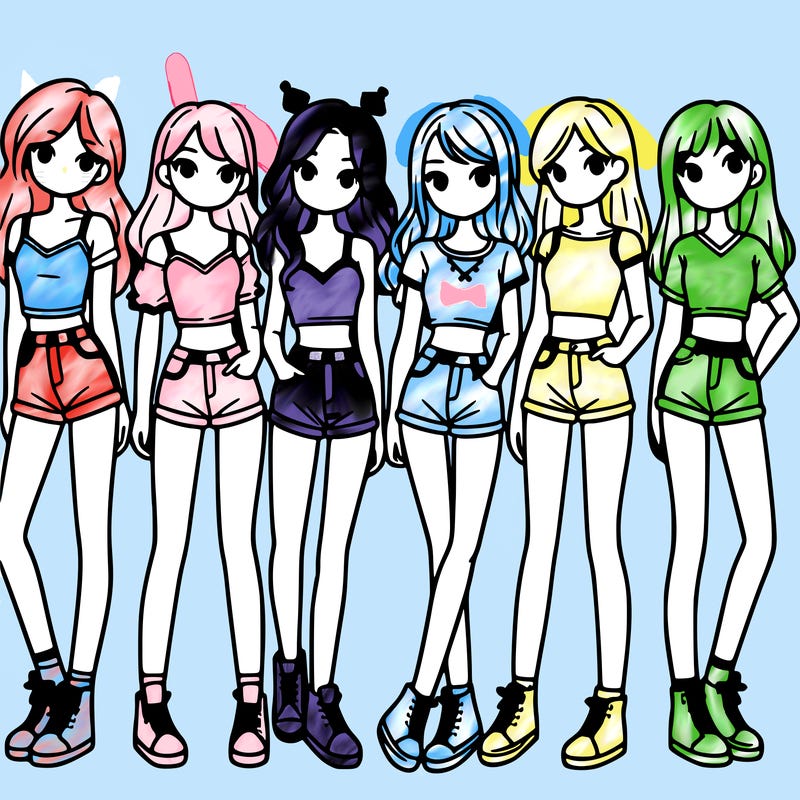 a group of girls wearing crop tops and shorts