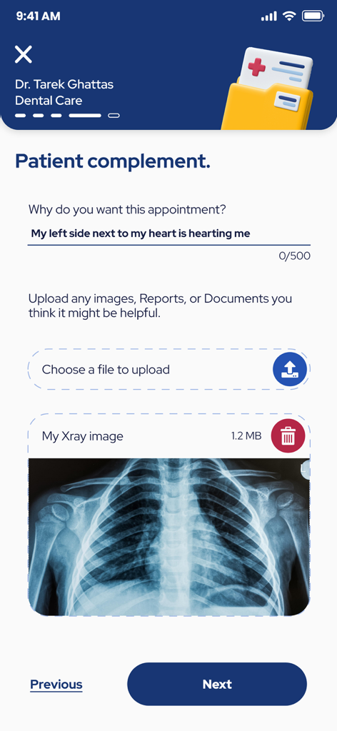 Med Quick - Med Quick mobile app screen for describing symptoms and uploading medical records like X-rays