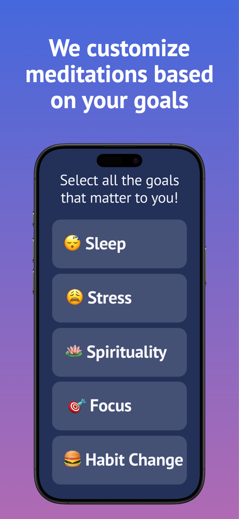 A smartphone showing the Brightmind Meditation app screen where users can select goals such as sleep, stress, spirituality, focus, and habit change.