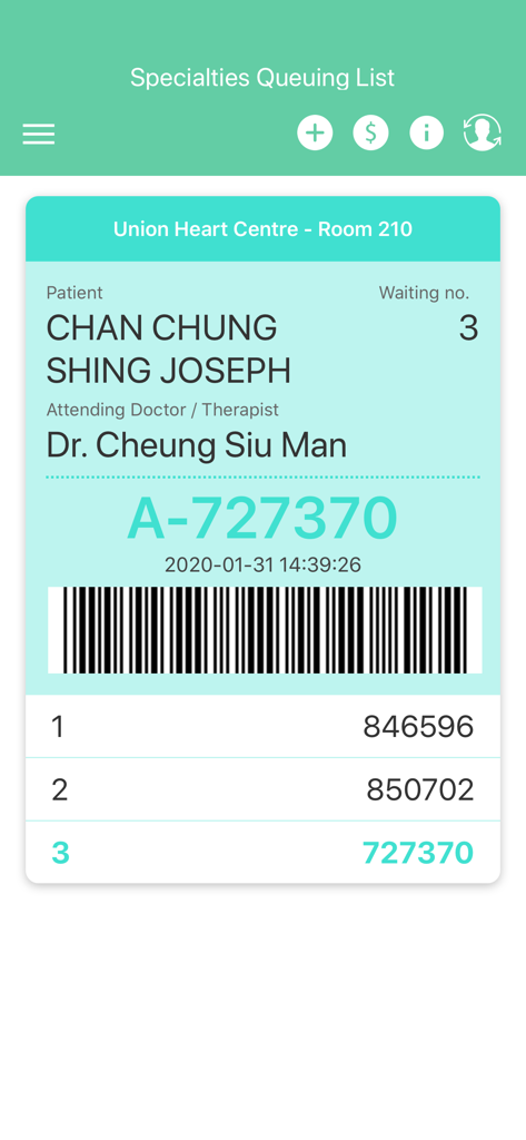Union Hospital app specialties queuing list screen showing a digital patient ticket with waiting number and barcode