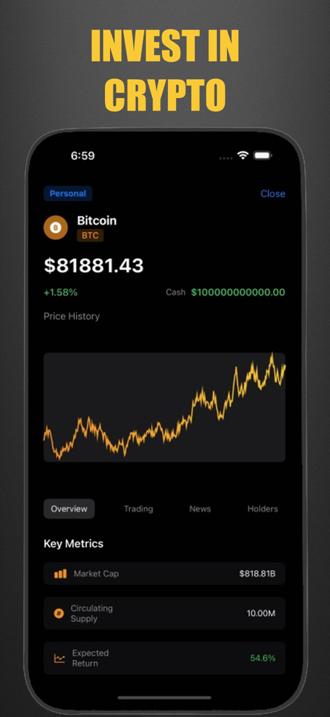 Invest Sim: Stock & Biz Tycoon - Bitcoin investment simulation screen showing price history chart and market metrics in Invest Sim app.