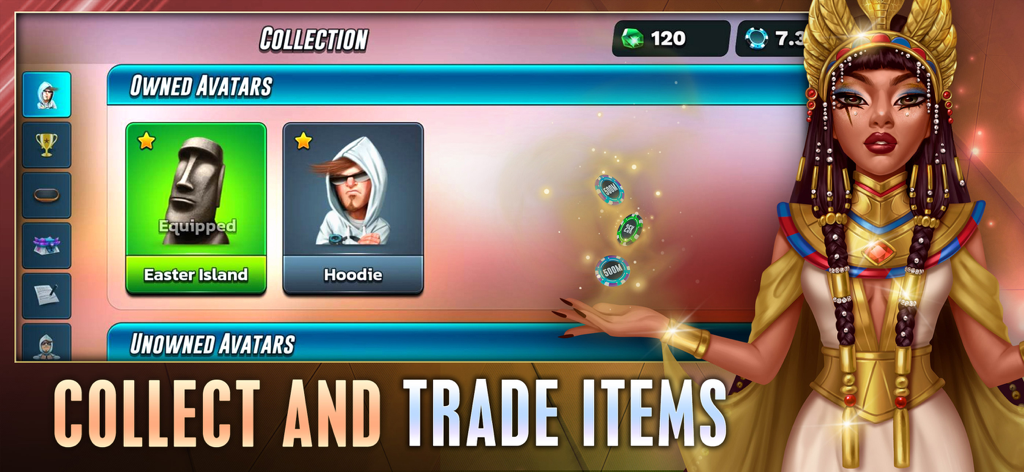 HD Poker: Texas Holdem - HD Poker avatar collection screen featuring an Egyptian queen and unique character icons like an Easter Island statue.
